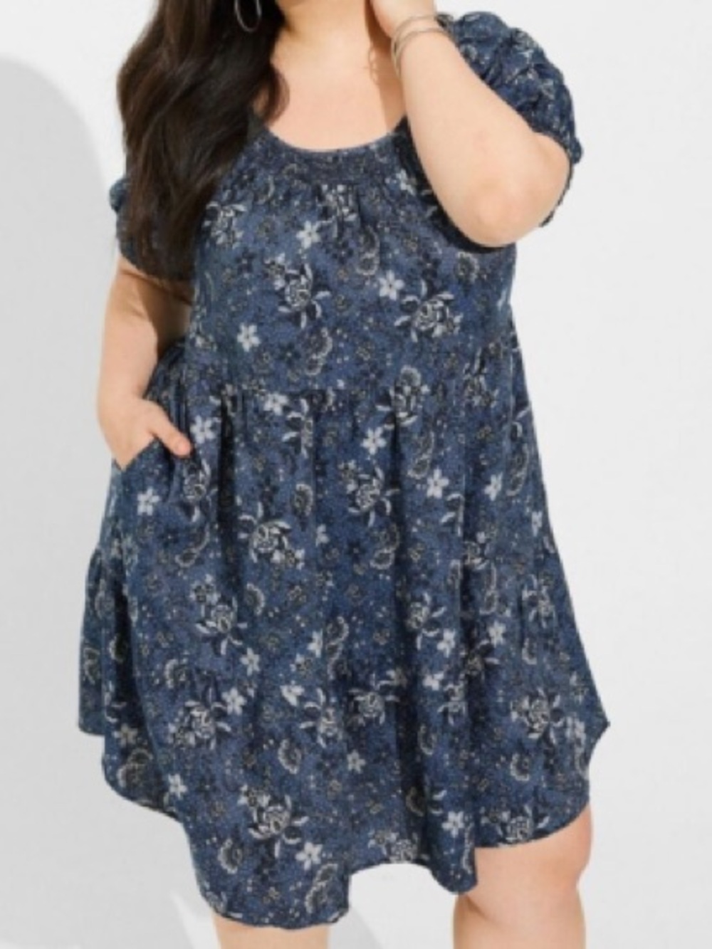 Torrid Mini Chambray Puff Sleeve Blue Smocked Dress